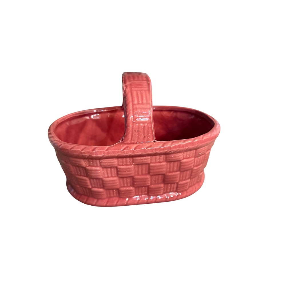 Vintage Ceramic Woven Basket Planter Rose Pink Glossy Easter Decor 7.5 Inch
